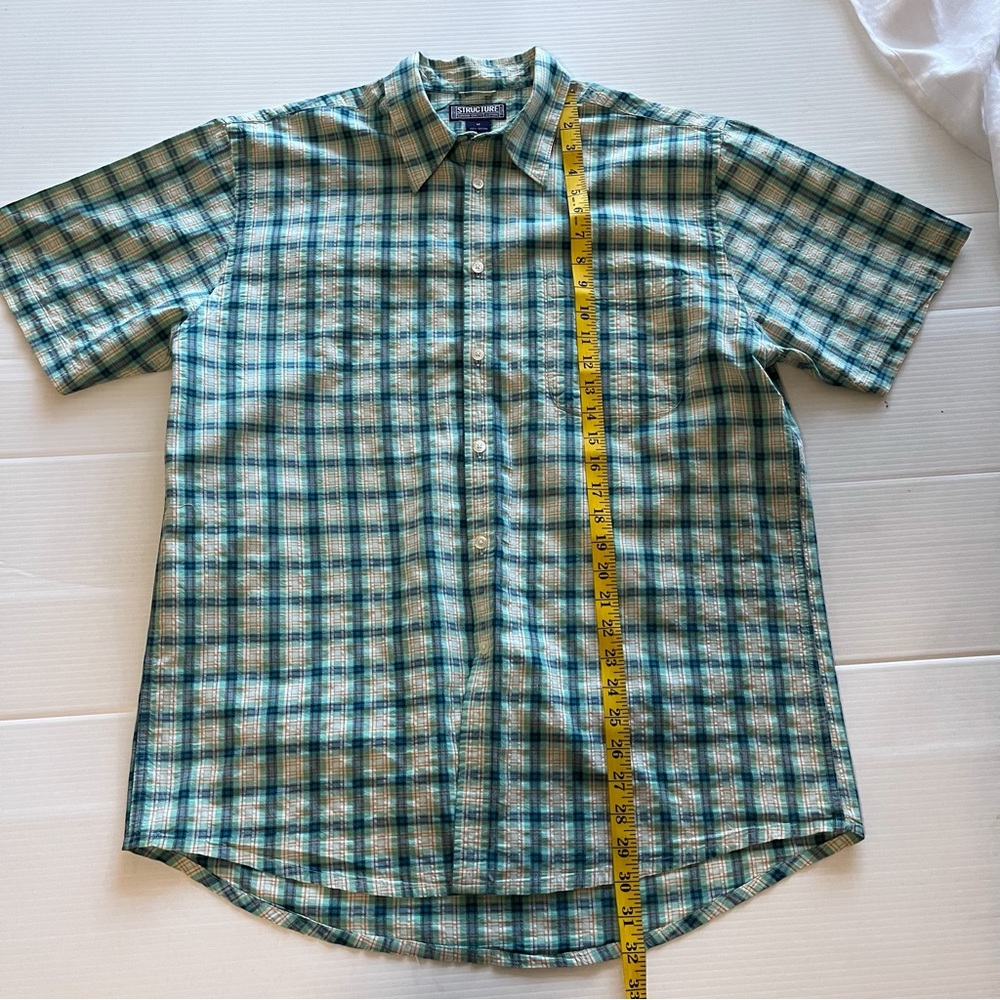 Structure Short Sleeve Button Up Green Plaid Shir… - image 5